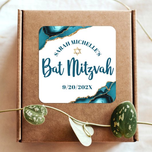 Sticker Carré Bat Mitzvah Moderne Turquoise Or Agate Script