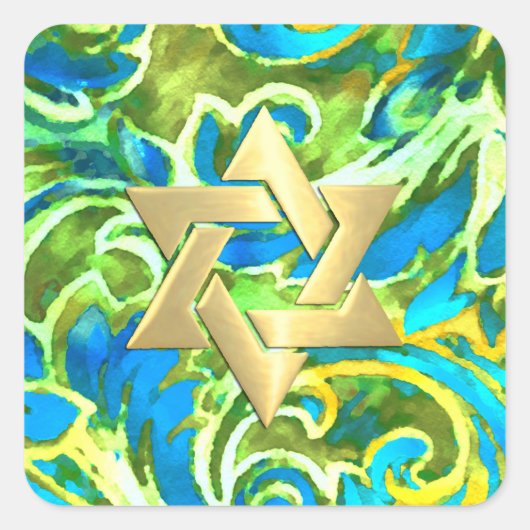 Sticker Carré Bat mitzvah Turquoise Bleu Vert Aquarelle Damas (Devant)