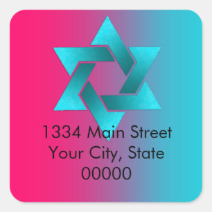 Sticker Carré Bat mitzvah Turquoise et rose Ombre Star de David