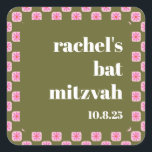 Sticker Carré Bat mitzvah vert rose rétro en carton fleuri<br><div class="desc">Invitation de Bat mitzvah rose et vert Retro Floral personnalisée</div>