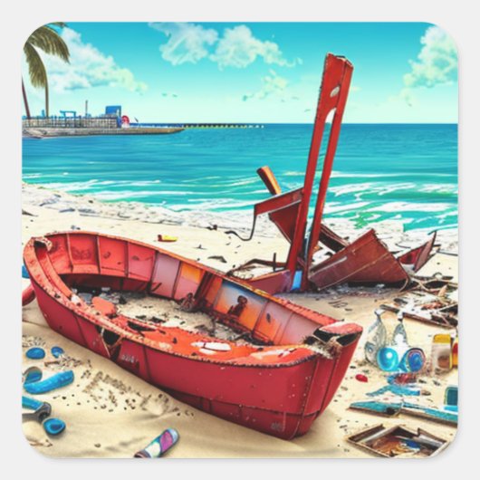 Sticker Carré Bateau, bouteilles et épaves usagés (Devant)