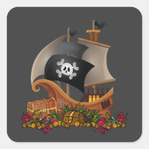 Sticker Carré Bateau Pirate Avec Trésor Cool Halloween Voile