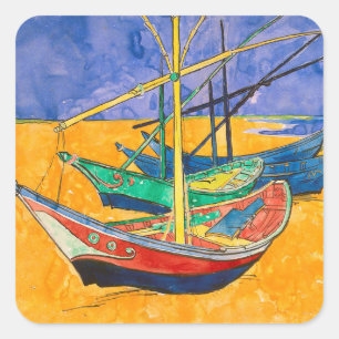 Sticker Carré Bateaux de Van Gogh Impressionnisme Plage