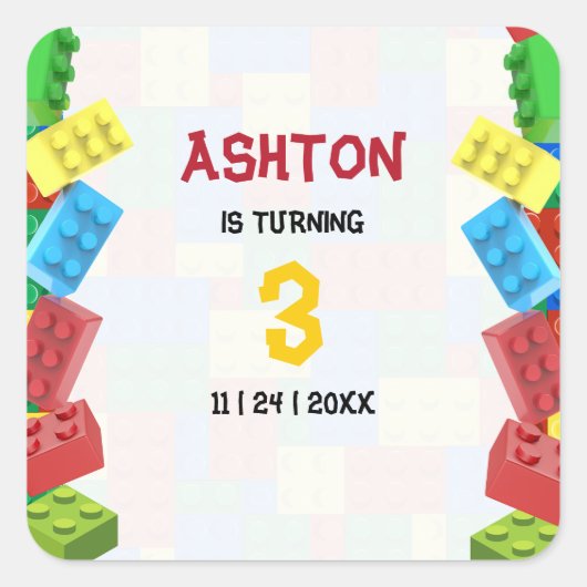 Sticker Carré Bâtiments Blocs Anniversaire Invitation, Garçons A (Devant)