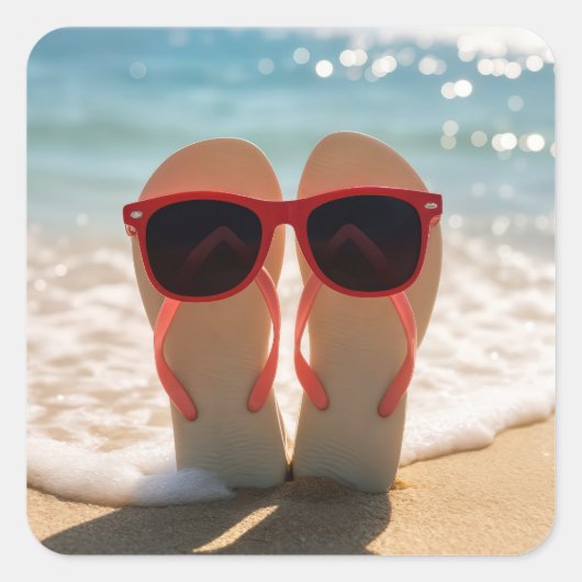 Sticker Carré Beach Flip-flops with Red Sunglasses (Devant)