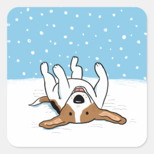 Sticker Carré Beagle Bonhomme de Neige d'Hiver - Chien de Dessin