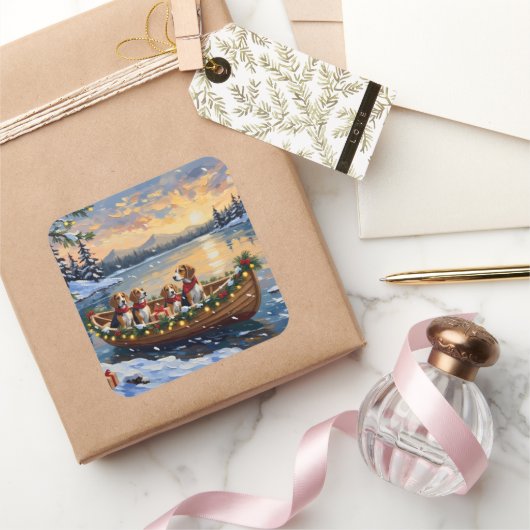 Sticker Carré Beagle Christmas Boat Holiday (Cadeaux)