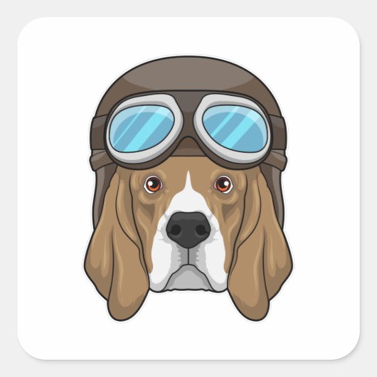 Sticker Carré Beagle en tant que pilote avec casquette pilote (Devant)