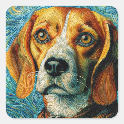 Sticker Carré Beagle Van Gogh Style (Devant)