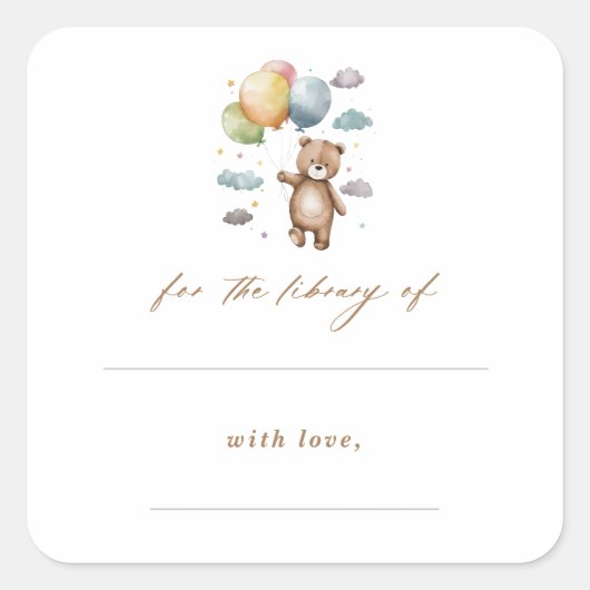 Sticker Carré Bear & Balloons Baby shower Library Plaques de rés (Devant)