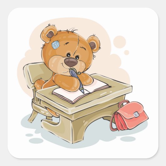 Sticker Carré Bear de dessin mignon Écrire un livre (Devant)