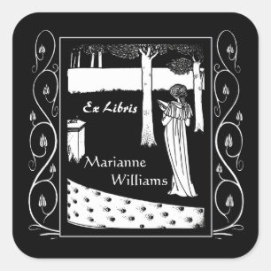 Sticker Carré Beardsley Nouveau Lady Reader Plaque d'enregistrem
