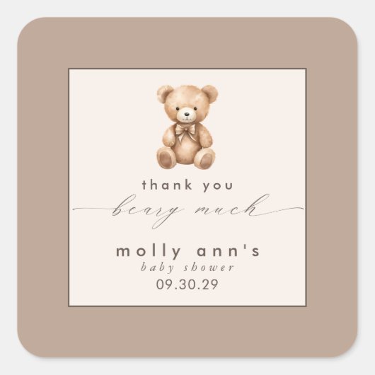 Sticker Carré Bearly Wait Neutral Baby shower simple Merci (Devant)