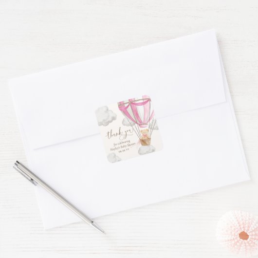 Sticker Carré Bearly Wait Teddy Ours Merci rose Baby shower (Enveloppe)