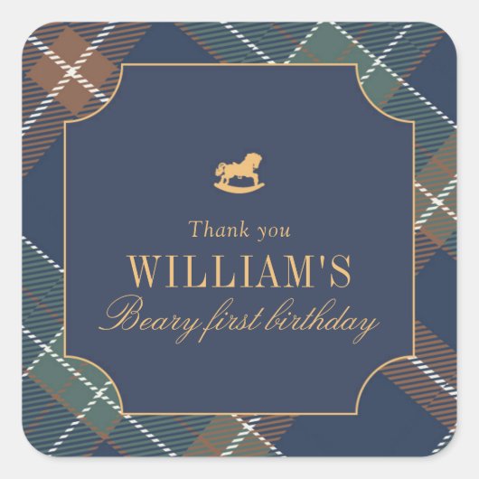 Sticker Carré Beary First Navy Plaid Square (Devant)
