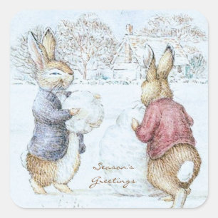 Sticker Carré Beatrix Potter Snowman et Bunnies Holiday