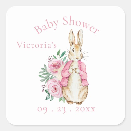 Sticker Carré Beatrix rose Potter Bunny Baby shower lapin (Devant)