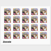 Sticker Carré Beau chat avec fleurs (Feuille)