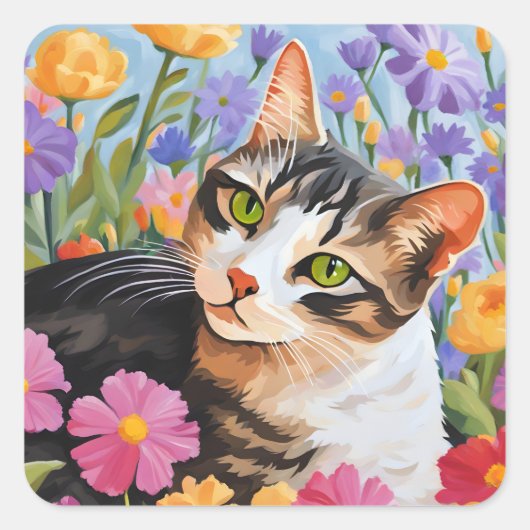 Sticker Carré Beau chat avec fleurs (Devant)