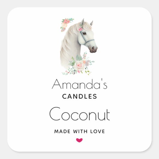 Sticker Carré Beau Cheval Blanc Boho Floral Candle Business (Devant)