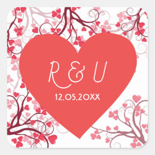 Sticker Carré Beau coeur mariage rouge et blanc
