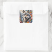 Sticker Carré Beau loup gris et fleurs (Sac)