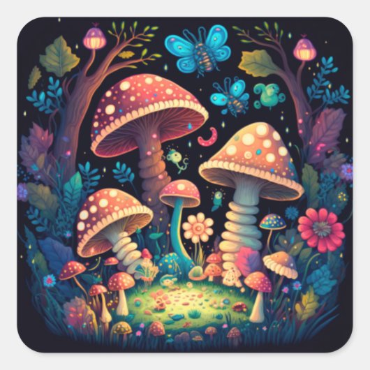 Sticker Carré Beau mignon champignons magiques (Devant)