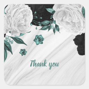 Sticker Carré Beau noir blanc turquoise fleurs marbre