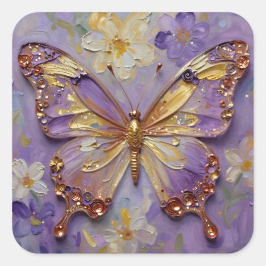 Sticker Carré Beau Papillon Violet et Fleurs (Devant)