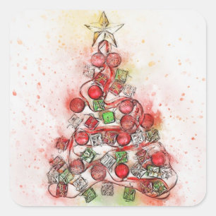 Sticker Carré Beau sapin de Noël décoré