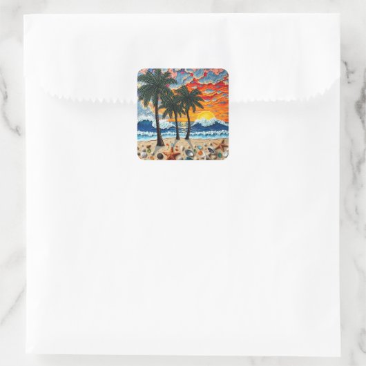 Sticker Carré Beautiful Beach Scene with Palm Trees (Sac)