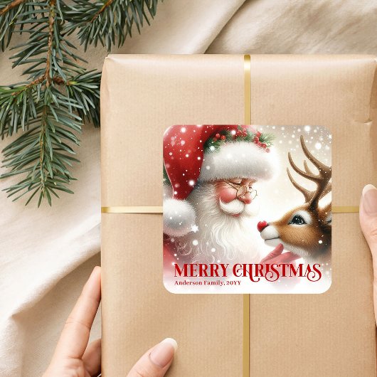 Sticker Carré Beautiful Personalized Santa and Rudolph Holiday