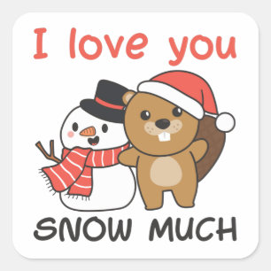 Sticker Carré Beaver Je T'Aime Neige Beaucoup Snowman Pun
