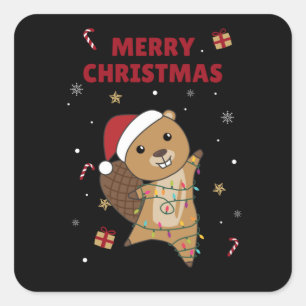Sticker Carré Beaver Joyeux Noël Animaux d'hiver Beavers