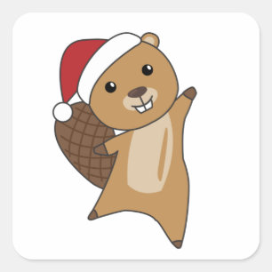 Sticker Carré Beaver Joyeux Noël Animaux d'hiver Beavers