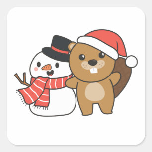 Sticker Carré Beaver With Snowman In Winter At Christmas