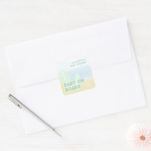 Sticker Carré Bébé à bord du Baby shower d'aquarelle surf Beach