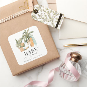 Sticker Carré Bébé à bord Palm Tree Surfboard Baby shower