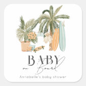 Sticker Carré Bébé à bord Palm Tree Surfboard Baby shower (Devant)
