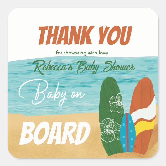 Sticker Carré Bébé à bord surf Baby shower de plage tropical (Devant)