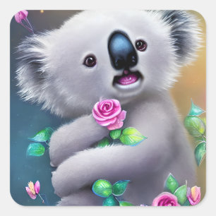 Sticker Carré Bébé adorable Ours Koala avec fleurs