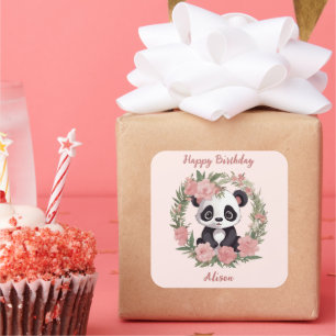 Sticker Carré Bébé adorable Panda Ours avec fleurs