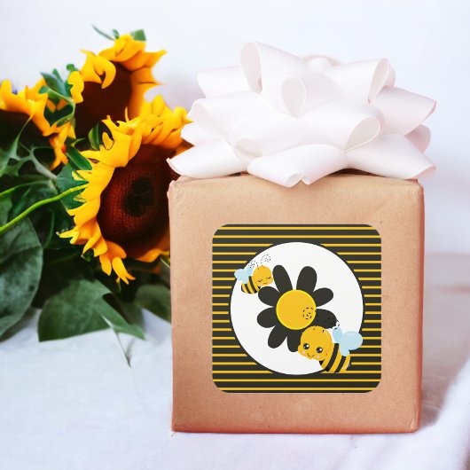 Sticker Carré Bébé Bee Baby shower Party stripé