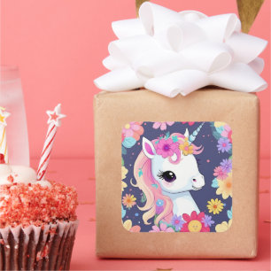 Sticker Carré Bébé blanc adorable licorne avec fleurs