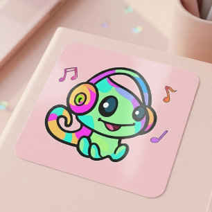 Sticker Carré Bébé Caméléon Kawaii Souriant Mignon Avec Casque A