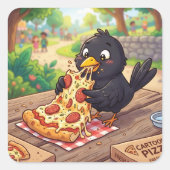 Sticker Carré Bébé Corbeau Cartoon Mangeant une Pizza (Devant)