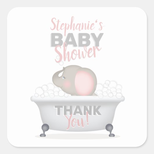 Sticker Carré Bébé Eléphant bulle Baby shower fille bain (Devant)