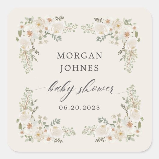 Sticker Carré bébé en fleur d'ivoire baby shower fleuri (Devant)