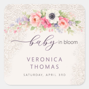 Sticker Carré Bébé en fleurs Douce Baby Shower Florale