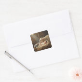 Sticker Carré Bébé et chaton dormant dans une grange (Enveloppe)